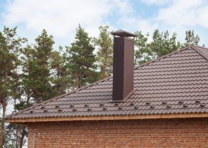 Red roof with chimney in front of evergreen forest
