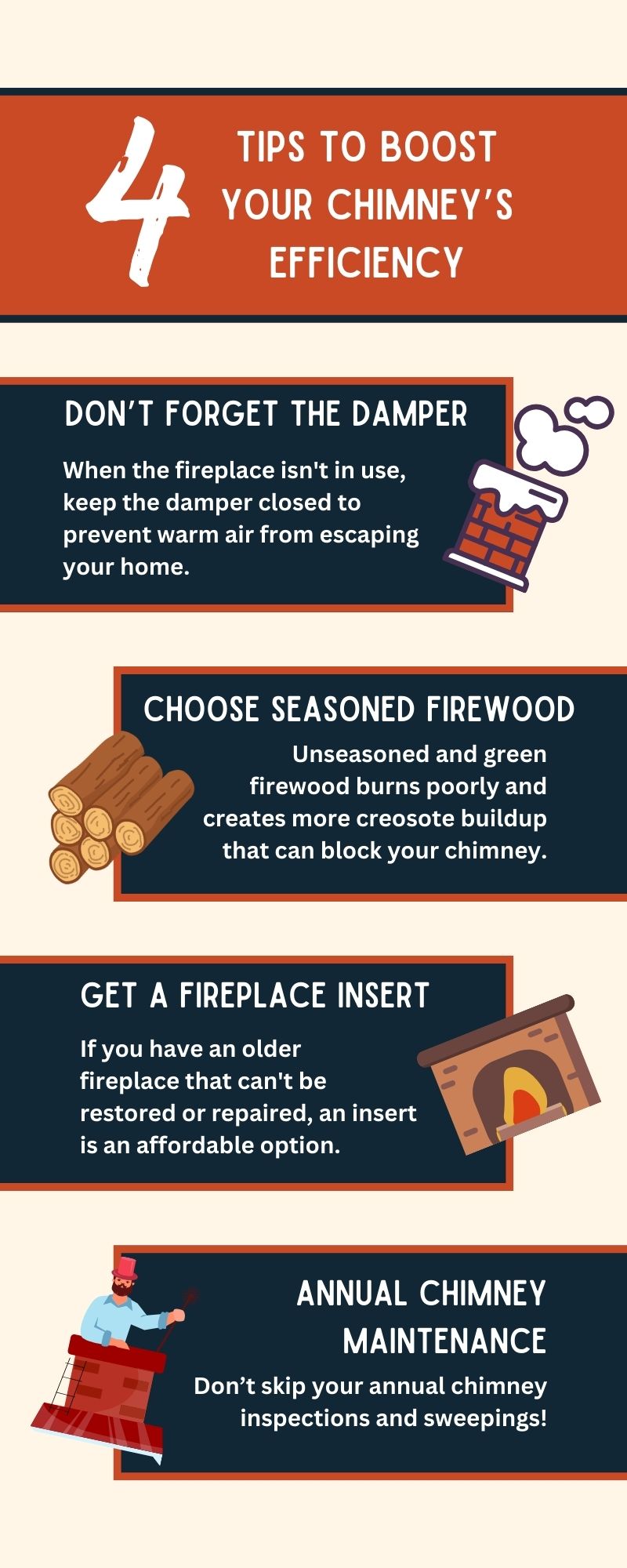 original infographic stating 4 ways to improve fireplace efficiency