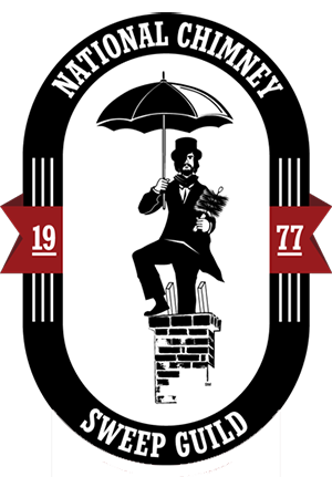 National Chimney Sweep Guild - Chimney Sweep sitting in oblong circle on top of chimney with umbrella