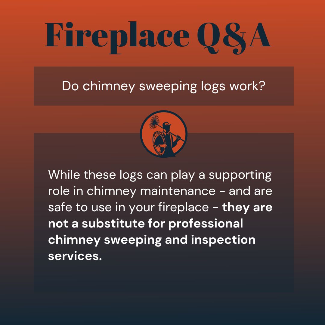original graphic titled "Fireplace Q&A" asks "Do chimney sweeping logs work?". The answer provided states, "While these logs can play a supporting role in chimney maintenance - and are safe to use in your fireplace - they are not a substitute for professional chimney sweeping and inspection services." Below this text is a circular logo depicting a chimney sweep with his tools.
