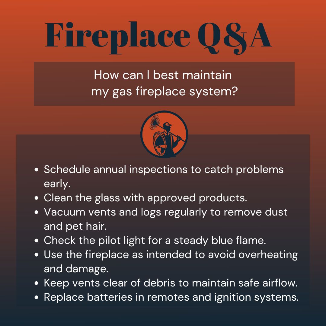 original image features a gradient background transitioning from orange at the top to dark blue at the bottom, with the title “Fireplace Q&A” in bold, dark blue text at the top. Beneath, a brown box contains the question “How can I best maintain my gas fireplace system?” in white text. Below the question is a circular logo of a silhouette figure holding a tool, surrounded by orange and dark blue colors. Underneath, white bullet points list tips: schedule annual inspections, clean the glass with approved products, vacuum vents and logs to remove dust and pet hair, check the pilot light for a steady blue flame, use the fireplace as intended, keep vents clear of debris, and replace batteries in remotes and ignition systems.<br />
