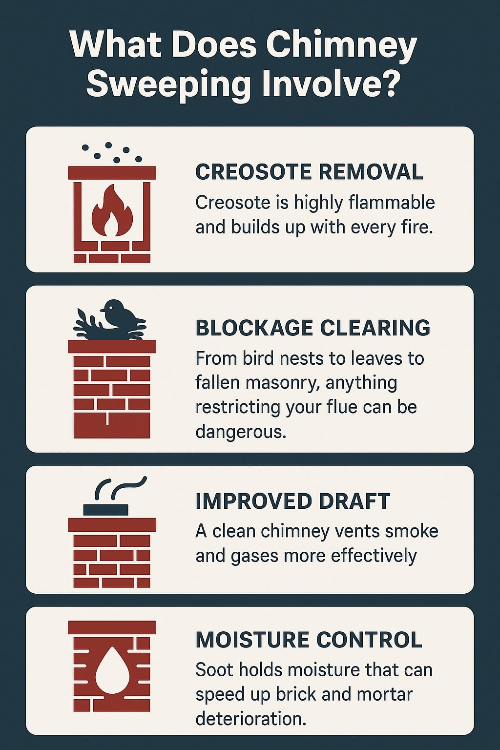 Original infographic with a dark blue background and cream-colored text boxes outlines four key parts of chimney sweeping, each paired with a red icon. The header at the top in bold white text asks, “What Does Chimney Sweeping Involve?” The first section shows a chimney with flames and rising smoke, labeled “Creosote Removal,” with text noting that creosote is highly flammable and builds up with every fire. The second section shows a chimney with a bird sitting on top, labeled “Blockage Clearing,” with text explaining that nests, leaves, or fallen masonry can restrict the flue and cause danger. The third section shows a chimney emitting smoke, labeled “Improved Draft,” explaining that a clean chimney vents smoke and gases more effectively. The fourth section shows a chimney with a water droplet icon, labeled “Moisture Control,” stating that soot holds moisture that speeds up brick and mortar deterioration.<br />
