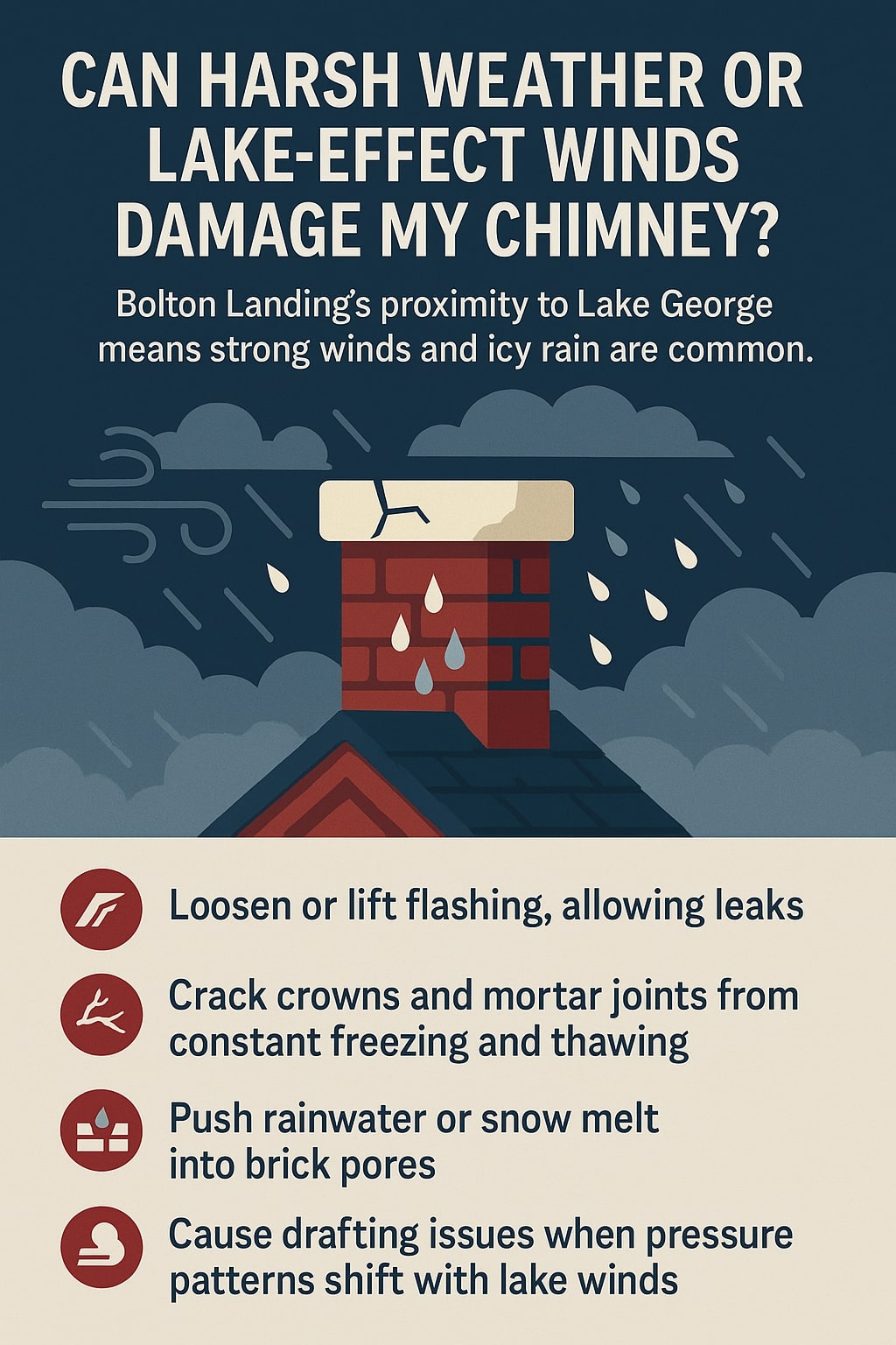 Original infographic showing a dark blue and beige color palette with accents of red and gray, featuring an illustration of a red brick chimney with cracks and raindrops under storm clouds and blowing wind. The title reads “Can Harsh Weather or Lake-Effect Winds Damage My Chimney?” in bold white letters. Below, smaller text explains Bolton Landing’s proximity to Lake George and its exposure to strong winds and icy rain. Four circular red icons with white graphics list the effects: loosening or lifting flashing causing leaks, cracking crowns and mortar joints from freeze-thaw cycles, pushing rainwater or snowmelt into brick pores, and causing drafting issues from shifting wind pressure.<br />
