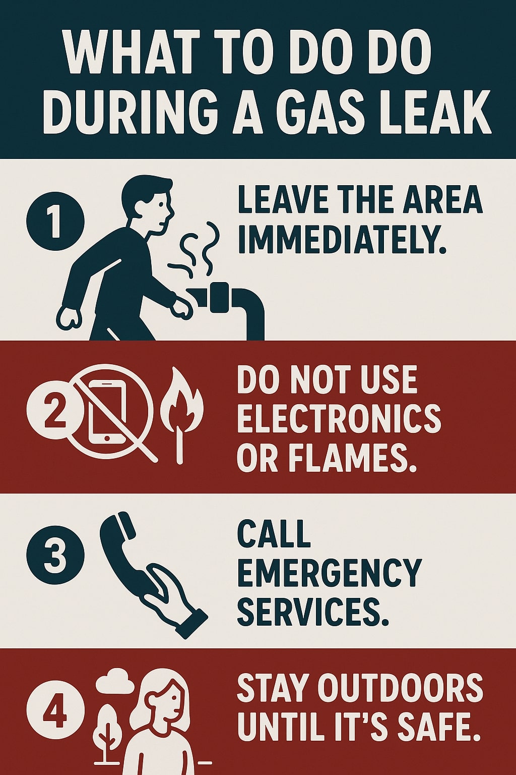 original infographic features a safety guide titled “What to Do During a Gas Leak” in bold white uppercase text on a dark blue background. The layout is divided into four numbered sections alternating between cream and red backgrounds. Step 1 shows a dark blue figure leaving a gas pipe with fumes, next to the text “Leave the area immediately.” Step 2, on a red bar, displays a crossed-out phone and a flame icon beside “Do not use electronics or flames.” Step 3 has a dark blue phone icon next to “Call emergency services.” Step 4, on a red background, shows a woman standing outdoors with trees and clouds, paired with the text “Stay outdoors until it’s safe.” The design uses minimalistic icons and a strong contrast color palette of navy blue, cream, and red for urgency and clarity.