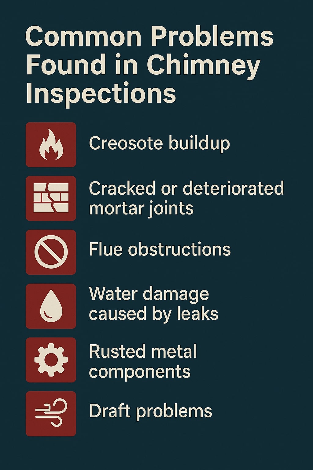 original infographic showing a dark teal background with large cream-colored title text at the top reading “Common Problems Found in Chimney Inspections,” followed by six horizontally aligned rows each featuring a square red icon on the left and cream text on the right; the icons include a white flame for “Creosote buildup,” a cracked brick wall for “Cracked or deteriorated mortar joints,” a circle with a diagonal slash for “Flue obstructions,” a water droplet for “Water damage caused by leaks,” a gear for “Rusted metal components,” and swirling wind lines for “Draft problems,” all arranged in a clean, minimalist layout with consistent spacing and muted color tones.