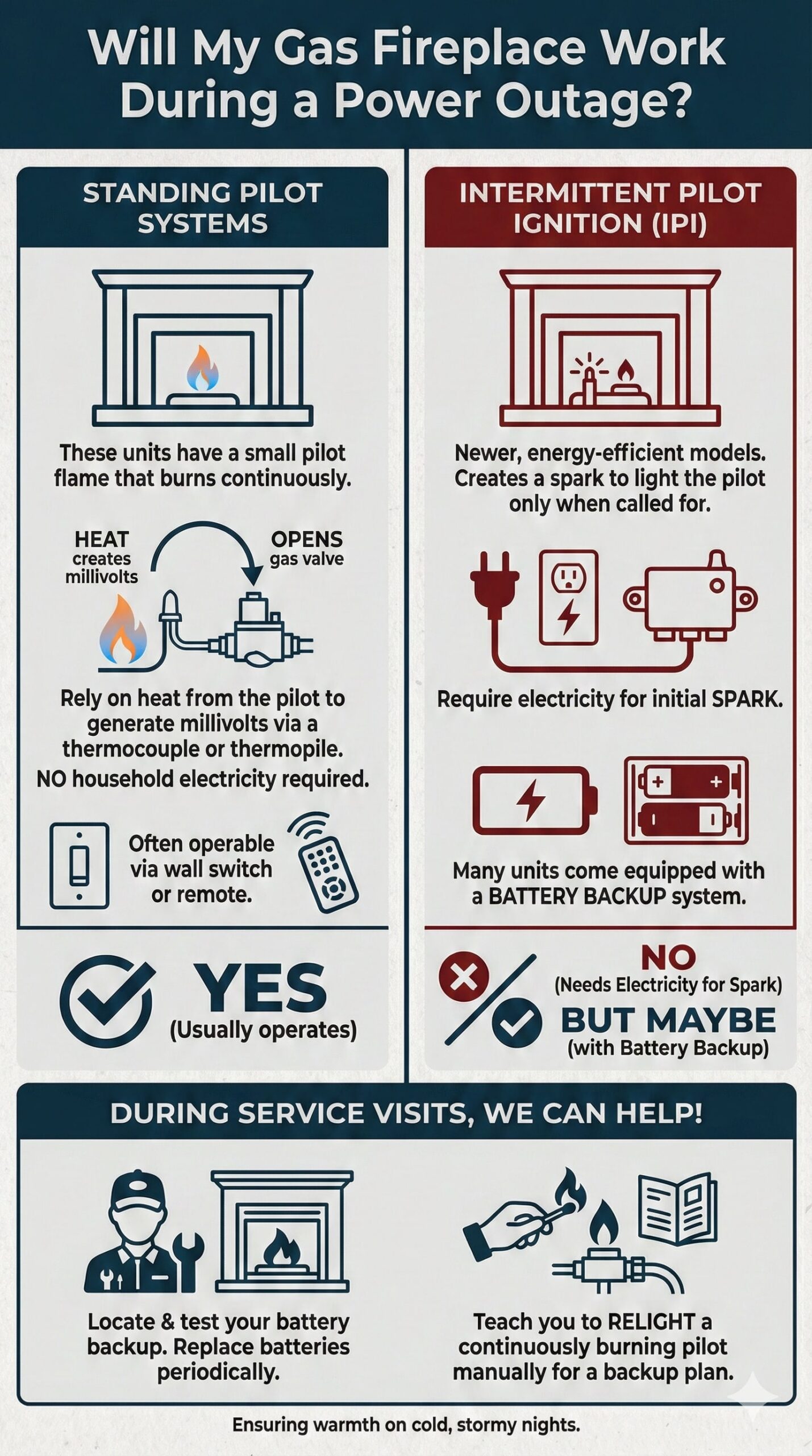 Original infographic titled "Will My Gas Fireplace Work During a Power Outage?" presenting a comparison between two heating systems against an off-white background with dark blue and deep red accents. The left column, header in dark blue, covers "Standing Pilot Systems," explaining that these units have a continuous small pilot flame where heat generates the millivolts needed to open the gas valve via a thermocouple or thermopile, requiring no household electricity; icons of a wall switch and remote accompany a large checkmark indicating "YES (Usually operates)." The right column, header in dark red, details "Intermittent Pilot Ignition (IPI)," describing newer energy-efficient models that use an electronic spark to light the pilot; illustrations of a power plug and a battery pack highlight that while they require electricity for the initial spark, many come with battery backups, resulting in a conclusion of "NO (Needs Electricity for Spark)" but "BUT MAYBE (with Battery Backup)." A footer section titled "During Service Visits, We Can Help!" features icons of a service technician and a hand manually lighting a pilot, offering to locate and test battery backups or teach homeowners how to manually relight pilots to ensure warmth on cold, stormy nights.